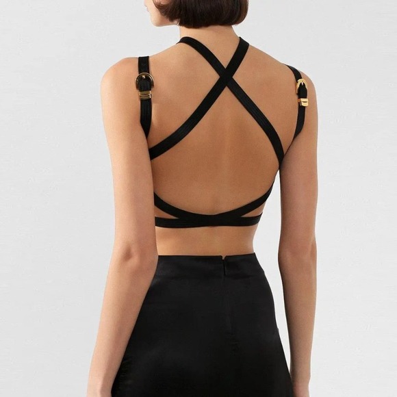 Versace Fall 2019 Runway Black Silk Satin Cage Bra Cropped Bondage Top 42 - Picture 15 of 15